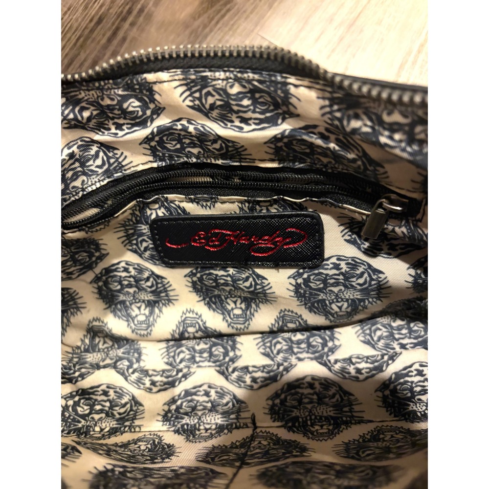 Vintage Y2K Ed Hardy Baguette Bag Tattoo Saffiano Black Tiger Skull Charm Bow - Picture 3 of 6
